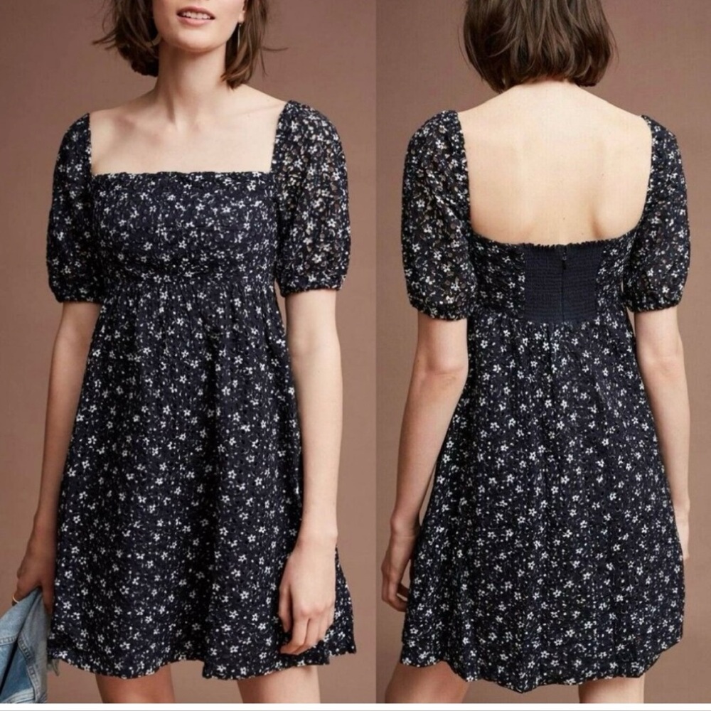 ANTHROPOLOGIE Maeve Lillianne Embroidered Eyelet Floral Navy Blue Dress Size 2